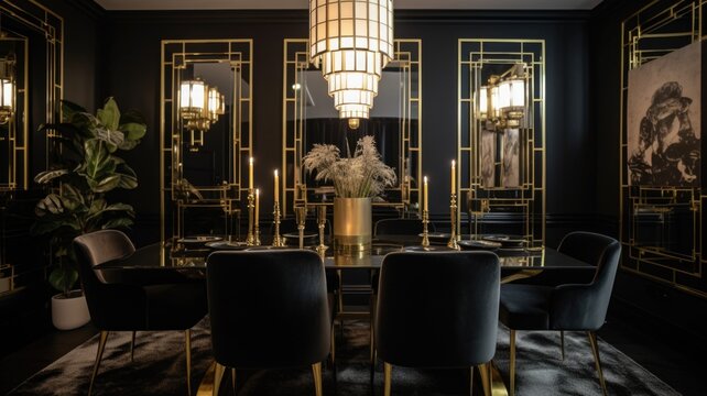 Interior design of Dining Room in Art Deco style with Chandelier, Wall Sconces decorated with Velvet, Brass, Marble, Glass material. Art Deco architecture. Generative AI AIG24.