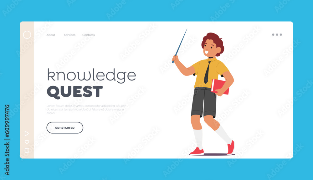 Poster knowledge quest landing page template. studious schoolboy holding books and a pointer, ready to lear