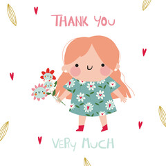 cute thank you vector card with a girl in a flower dress and holding a bouquet.