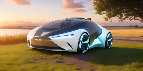Obraz premium Sci-fi ecological car of the future in nature