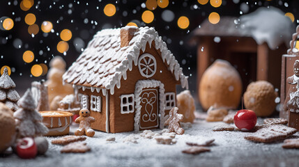 Fototapeta na wymiar A gingerbread house with gingerbread people and Christmas trees, Generative AI