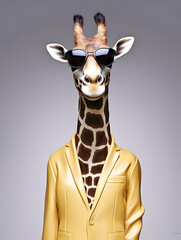 Giraffe with sunglasses wearing leather jacket. AI generated