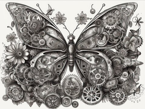 Abstract fantasy colorful mechanical butterfly background created with Generative AI technology.
