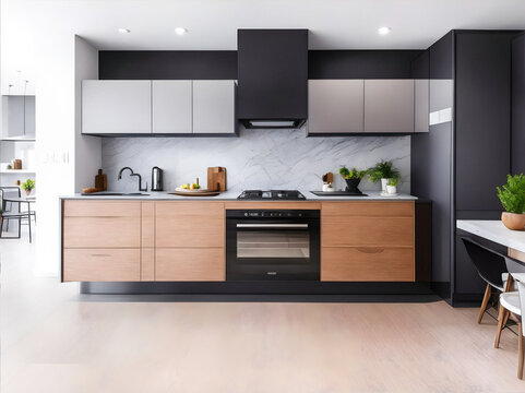 A wideangle shot of a modern kitchen interior. Generative AI.