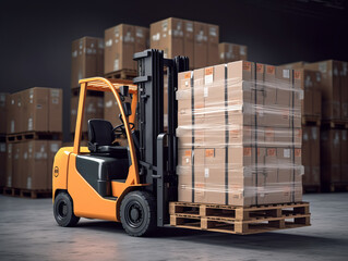 Naklejka premium Forklift is working in a warehouse. Loading large boxes on a pallet. Warehouse equipment. Generative AI