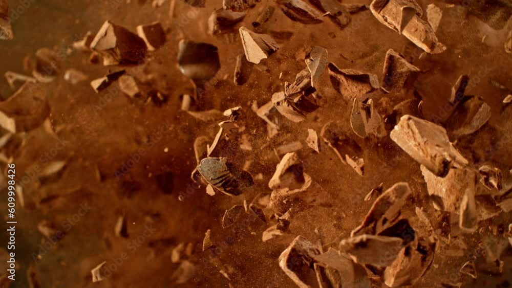 Poster super slow motion of rotating group of raw chocolate pieces. super fast camera motion. filmed on hig