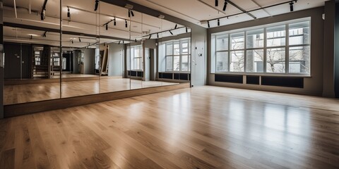Dance studio with a polished wooden floor, mirrors, and ballet barres, ready for a group of friends to enjoy a dance class together, concept of Physical activity, created with Generative AI technology