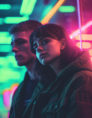 Enigmatic Futuristic Duo: Neon-Infused Fashion Portrait - Generative AI Magic
