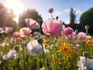 Fototapeta premium Colorful Poppies Dancing in the Sun: A Vibrant Spring Meadow