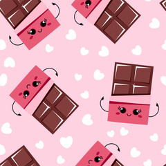 Pink seamless pattern of kawaii chocolate bars and white hearts for World Chocolate Day