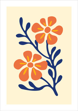 Hand drawn vector abstract floral illustration with orange flowers on yellow background.