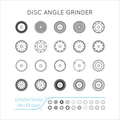 Diamond discs icons set. Discs for angle grinders. Cutting, metal, wood, concrete, granite, ceramics, asphalt, laminate. Editable Stroke
