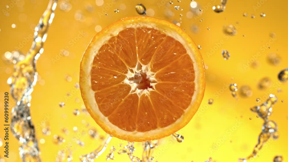 Poster Super Slow Motion of Orange Slice With Water Splashes. Rotating Slice of Orange with Splashing Water Around. Isolated on Colored Background. Filmed on High Speed Cinema Camera, 1000 Fps. Speed Ramp.