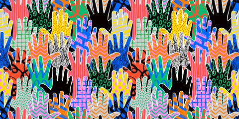 Colorful diverse people hand abstract art seamless pattern. Multi-ethnic community raised hands, cultural diversity group crowd background illustration in modern collage painting style with arms up.
