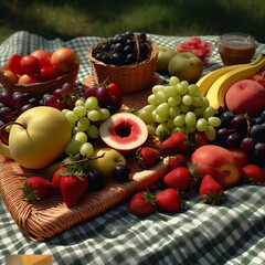 fruit and vegetables on picnic. Generated with AI 
