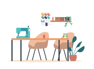 Cozy, Organized, And Filled With Sewing Machines, And Crafting Supplies. Sewing Studio Interior, Vector Illustration