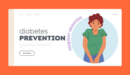 Diabetes Prevention Landing Page Template. Female Character with Excessive Urination, that Can Be A Symptom Of Diabetes