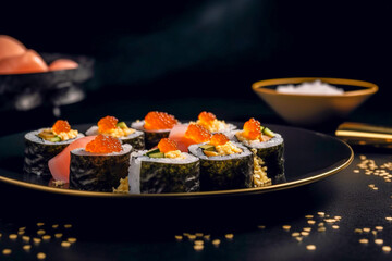 Tasty golden sushi. Super photo realistic background, generative ai