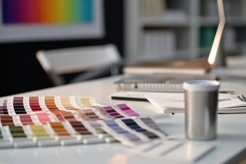 close up view of a color samples veer laying on a table in a modern office, ai tools generated image