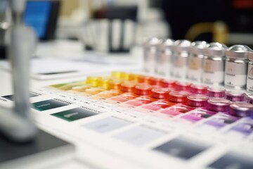close up view of a color samples veer laying on a table in a modern office, ai tools generated image