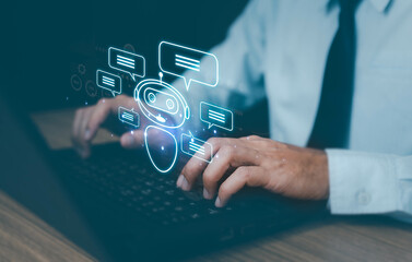 Chatbot chat AI concept, artificial intelligence Businessman touching digital chatbot for provide access to information and data in online network, robot application and global connection.