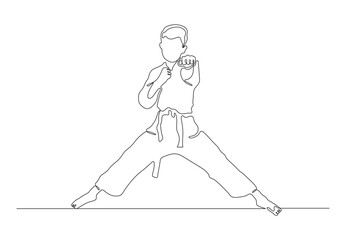 Continuous line drawing of a karate player isolated on a white background vector illustration. Premium vector.