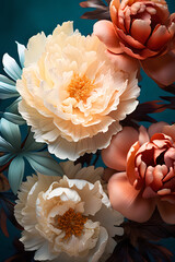 3D peonies flower, a dreamy surrealist compositoin, vintage style against a blue background with soft focus