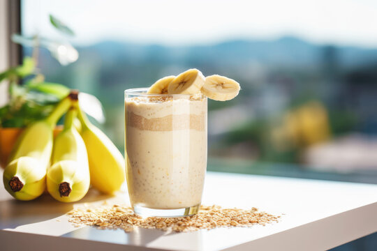 banana and oatmeal smoothie in a glass jar on a white kitchen table, blurred sunny day background, Generative AI