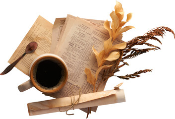 Coffee with Vintage Books and Dried Flowers - Ready to use PNG Cutout Premium Isolated Image