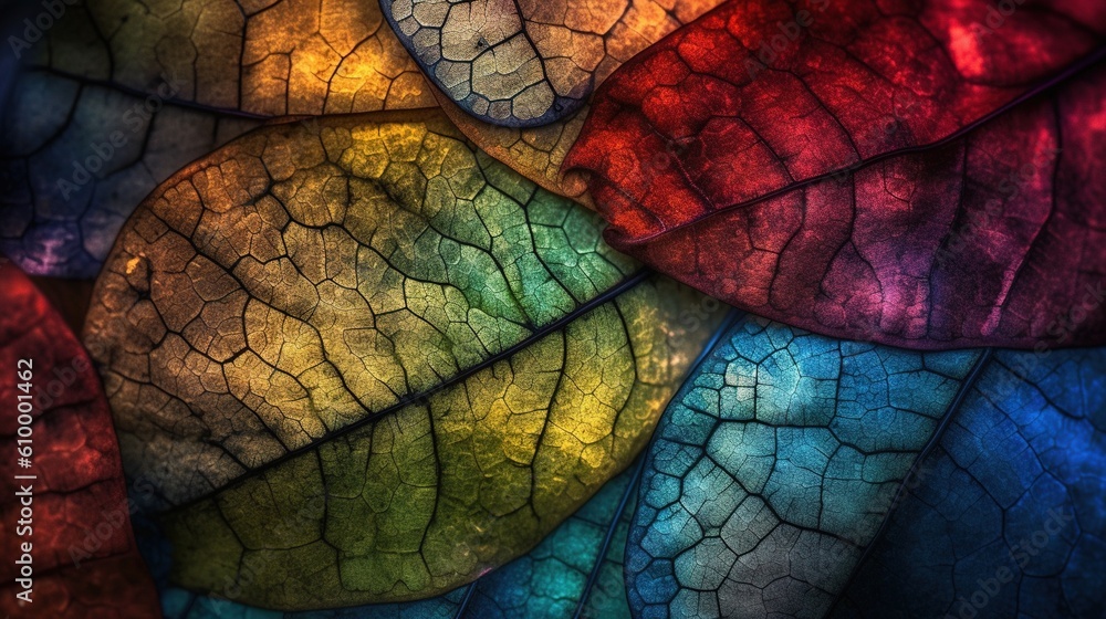 Poster a close up of a colorful leaf with many different colors. generative ai