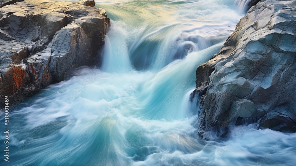 Poster a river that has some rocks and water flowing over it. generative ai
