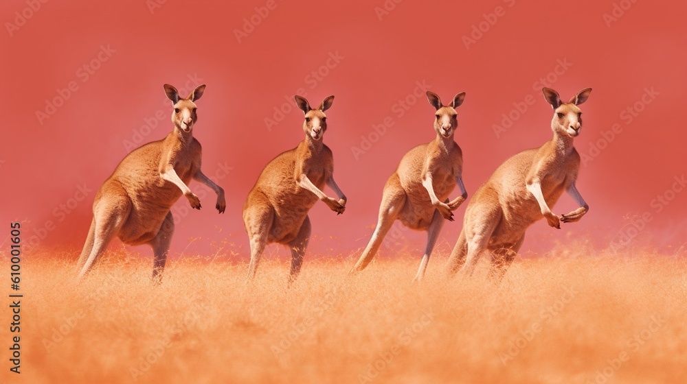 Poster four kangaroos running across a dry grass field with a red sky in the background