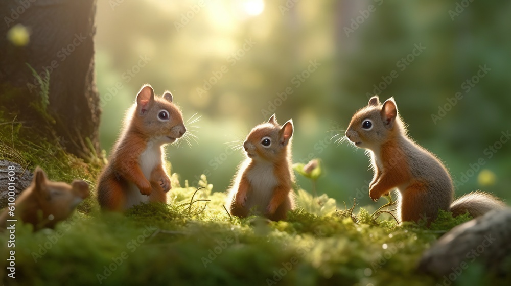 Poster a group of squirrels sitting in the grass near a tree. generative ai