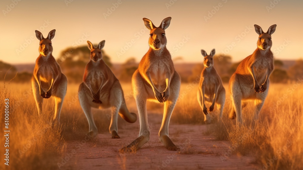 Poster a group of kangaroos running across a field at sunset. generative ai