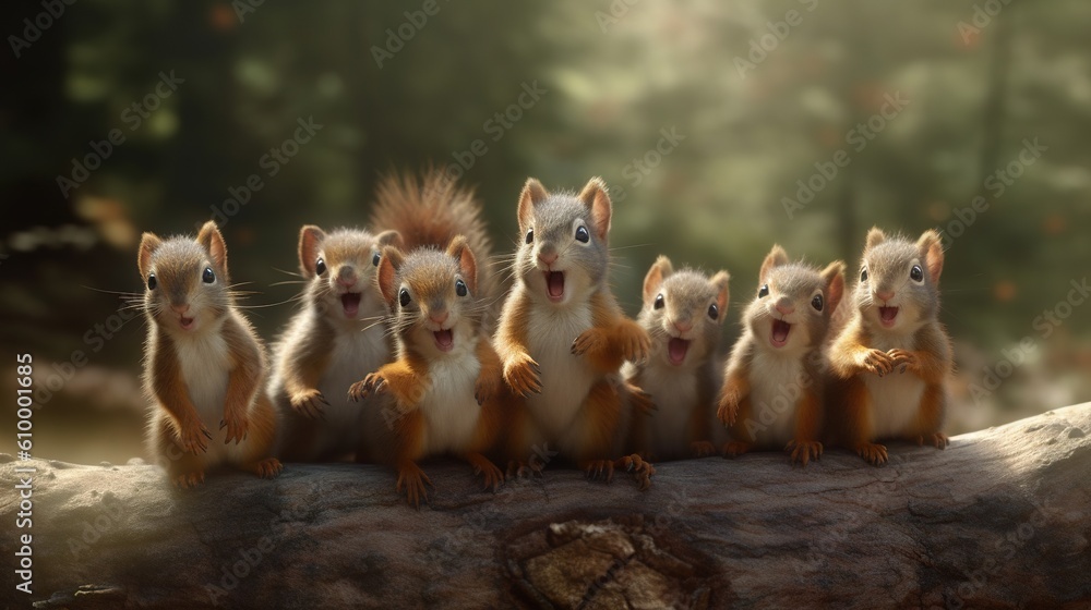 Poster a group of squirrels sitting on top of a tree branch. generative ai