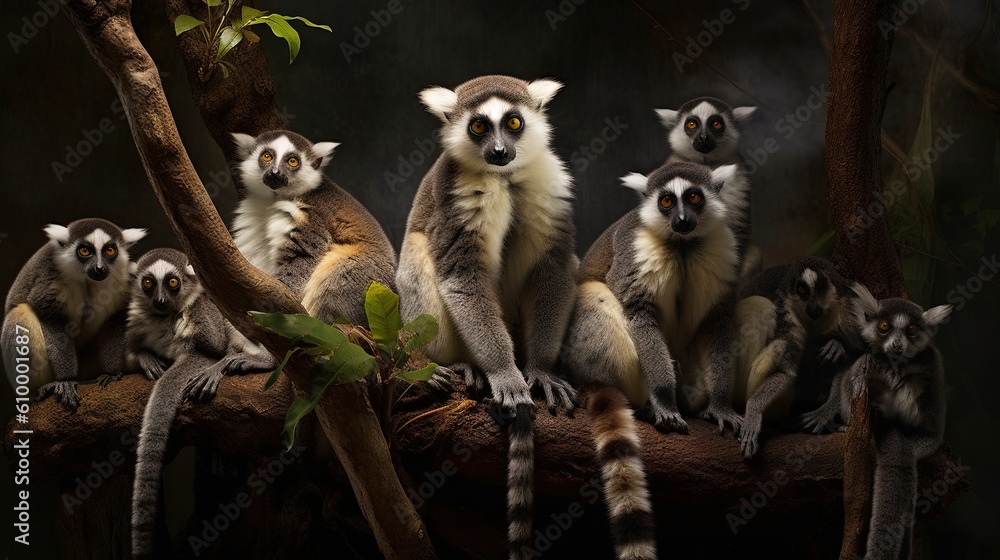 Poster a group of lemurs sitting on top of a tree branch. generative ai