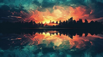 Fototapeta na wymiar a painting of a sunset over a lake with trees in the background. generative ai