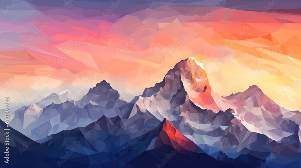 Poster a mountain range with a colorful sky and clouds in the background. generative ai