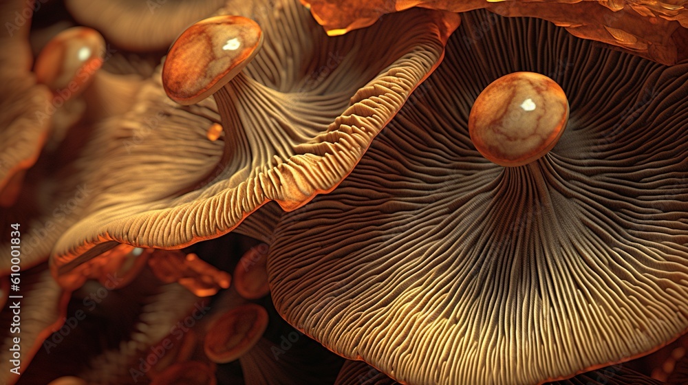 Aufkleber a close up of a group of mushrooms with a light shining on them. generative ai