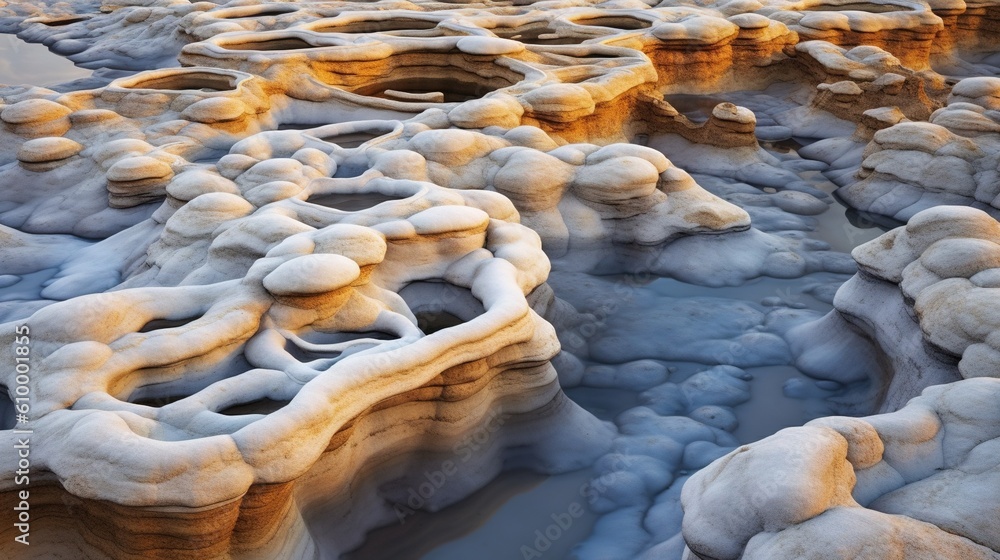 Poster a large group of rocks covered in ice and snow with a sky background. generative ai