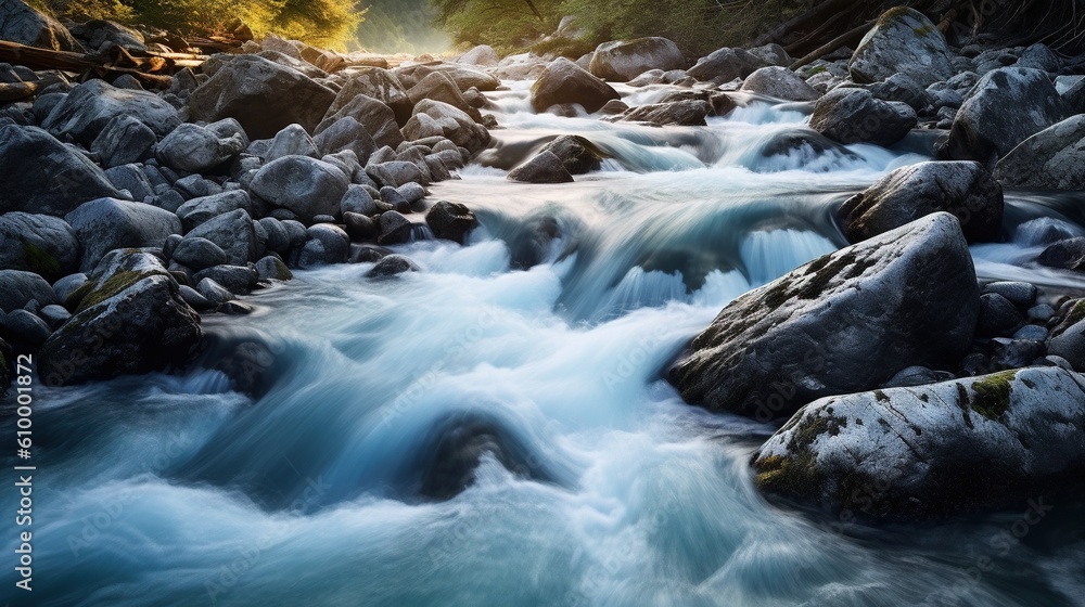 Poster a stream of water running through a forest filled with rocks. generative ai