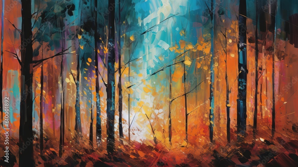 Poster a painting of a colorful forest with trees and a bright sky. generative ai