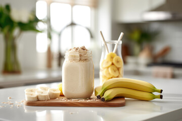 glass mason jar with banana, oatmeal smoothie cocktail and bananas on the white table in sunny kitchen, Generative AI