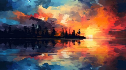 Fototapeta na wymiar a painting of a sunset over a body of water with trees. generative ai