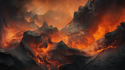 Fototapeta na wymiar a mountain covered in fire and lava in the distance with mountains in the foreground. generative ai