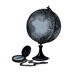 Obraz premium Vector still life: a globe, books, map and compass