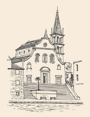 Travel sketch of Milna, Croatia in retro style. Hand drawing of the old town. Historical building line art. Hand drawn travel postcard. Urban sketch in black color isolated on a beige background.