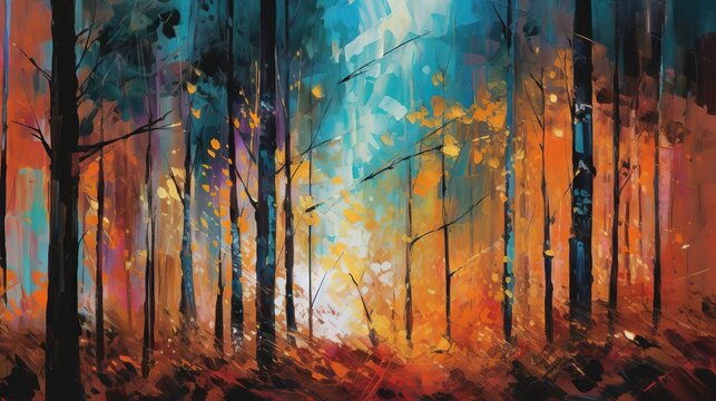  A Painting Of A Colorful Forest With Trees And A Bright Sky.  Generative Ai