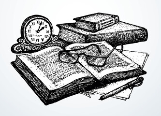 Vector still life. Old books, paper, pen and clock - obrazy, fototapety, plakaty