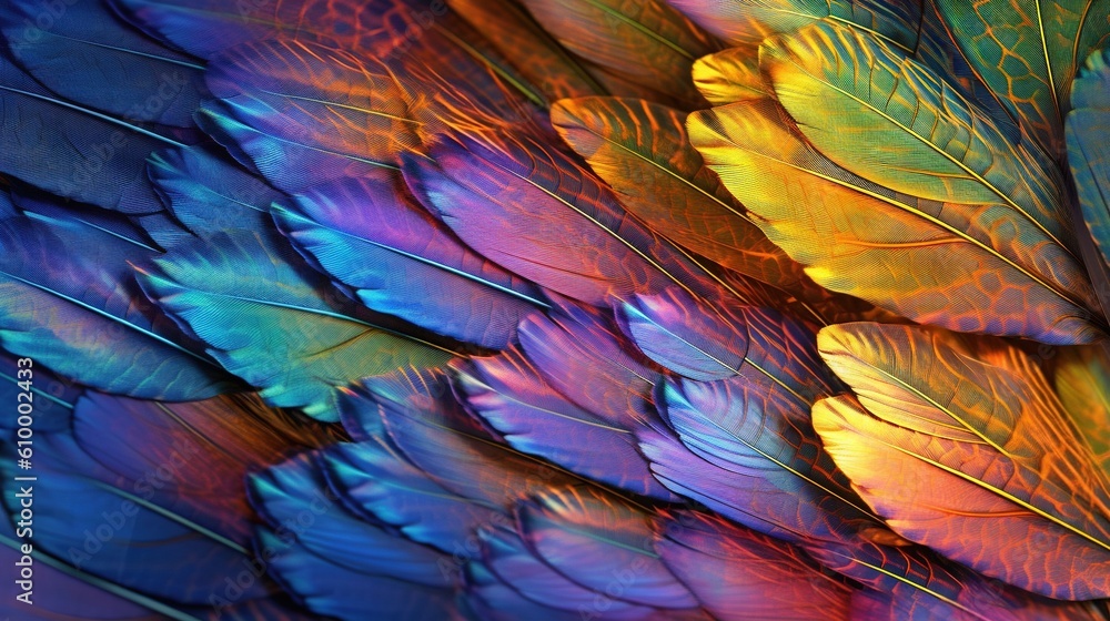 Poster a close up of a multicolored bird's feathers. generative ai